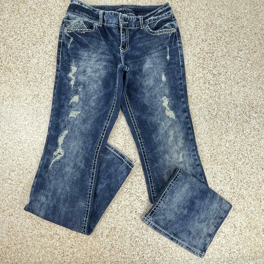 Maurices Distressed Bootcut Denim Jeans 3/4R Vintage Wash Embellished Pockets